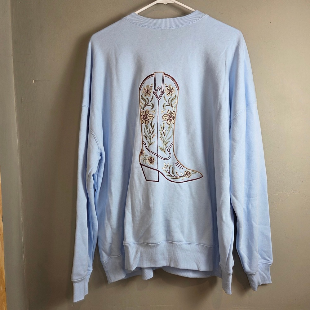 Western Coastal Cowgirl Embroidered Cowboy Boot Oversized Sweatshirt Blue M - Picture 1 of 6